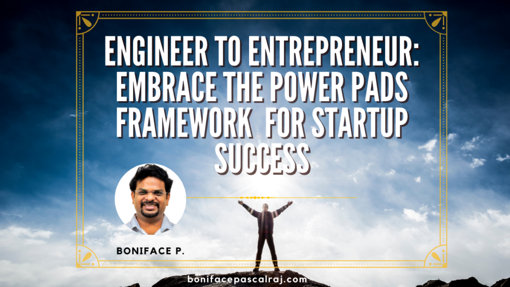 Motivational image of a speaker at a startup bootcamp, inspiring engineers to become entrepreneurs using the POWER Framework and POWER PADS.