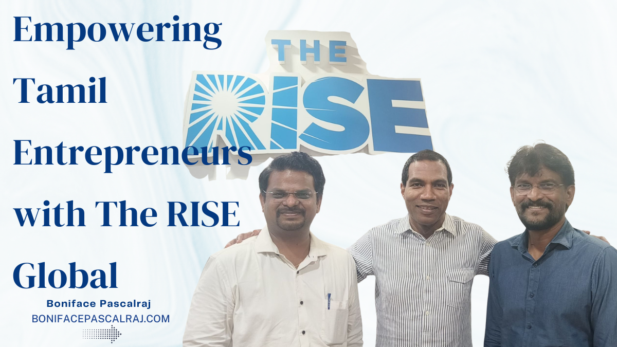 A representation of Tamil entrepreneurs collaborating and innovating, supported by The RISE Global’s ecosystem.